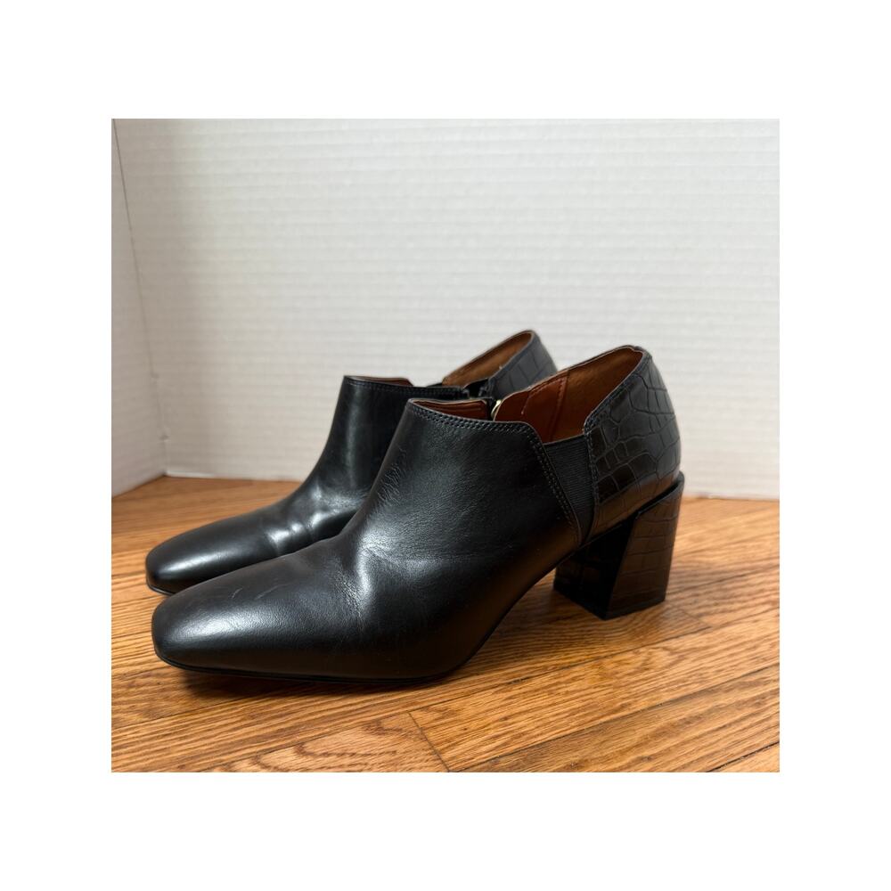 Vionic Linda Crocodile Leather Ankle Booties Women's Sz 8 Black Block Heel Zip